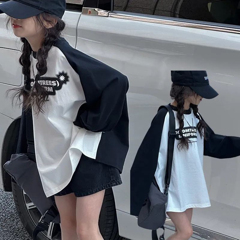 【120-170】韓国 配色 アルファベット ゆったり 春秋 子供服 女の子 キッズ ジュニア トップス 長袖 Ｔシャツ