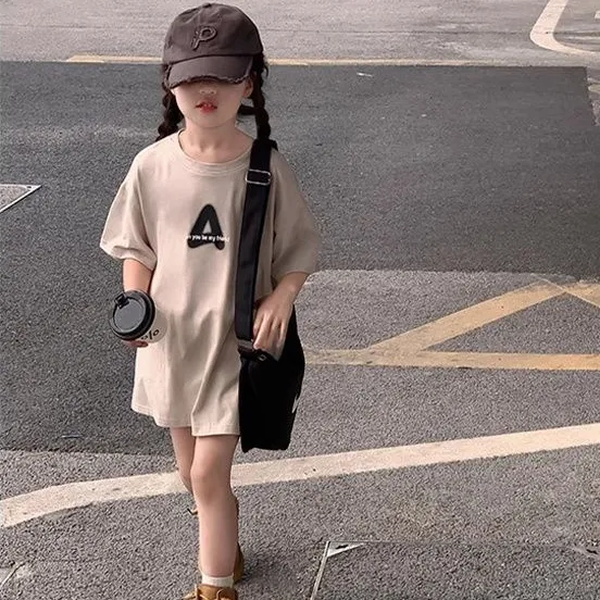 【110-170】オシャレ 韓国 プリント アルファベット 夏 子供 服 女の子 キッズ ジュニア トップス 半袖 カットソー Tシャツ