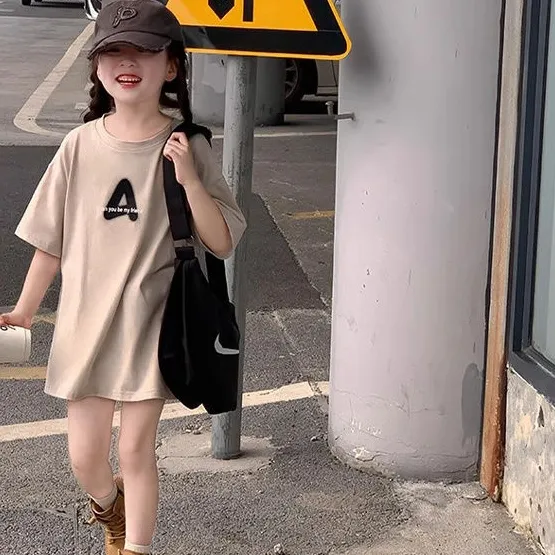 【110-170】オシャレ 韓国 プリント アルファベット 夏 子供 服 女の子 キッズ ジュニア トップス 半袖 カットソー Tシャツ