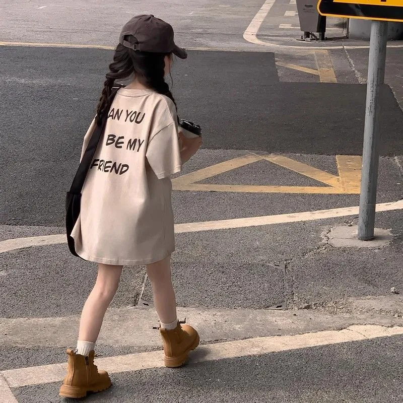 【110-170】オシャレ 韓国 プリント アルファベット 夏 子供 服 女の子 キッズ ジュニア トップス 半袖 カットソー Tシャツ