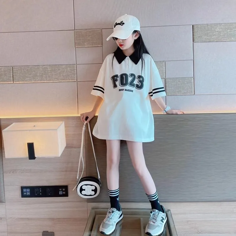 【120-170】韓国 ポロネック プリント 夏 子供服 女の子 キッズ ジュニア トップス 半袖 カットソー Ｔシャツ