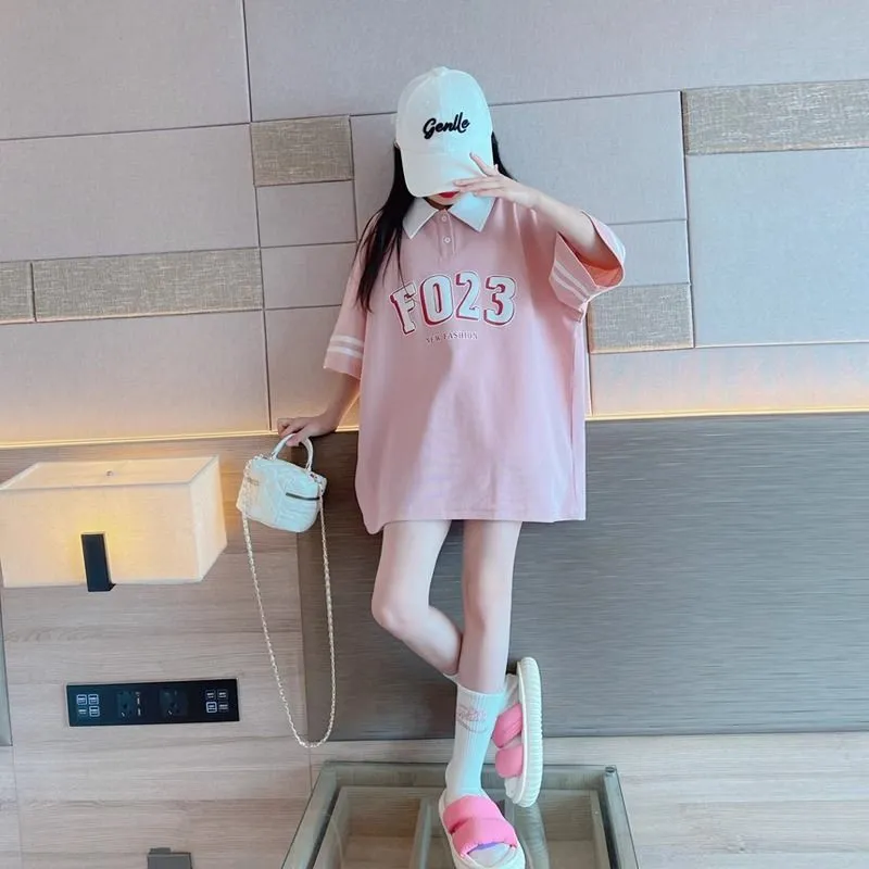 【120-170】韓国 ポロネック プリント 夏 子供服 女の子 キッズ ジュニア トップス 半袖 カットソー Ｔシャツ