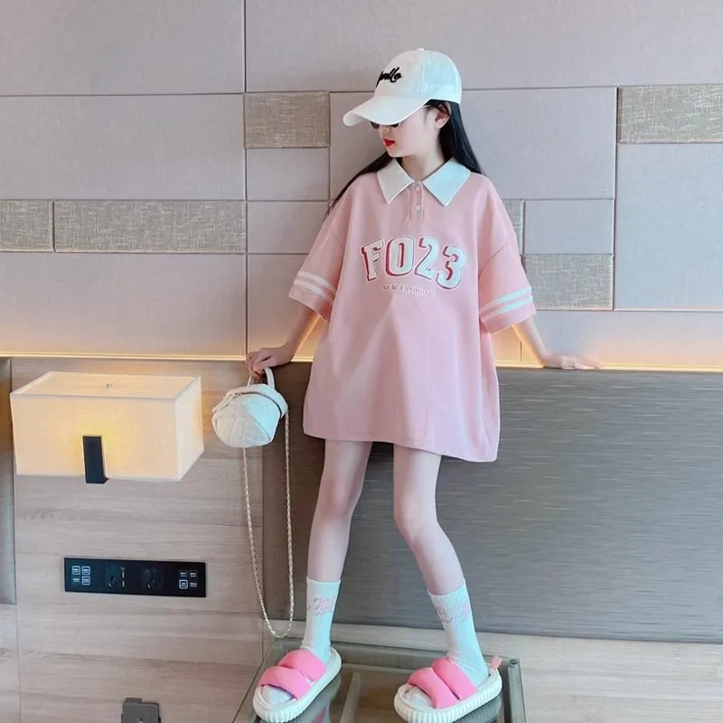 【120-170】韓国 ポロネック プリント 夏 子供服 女の子 キッズ ジュニア トップス 半袖 カットソー Ｔシャツ