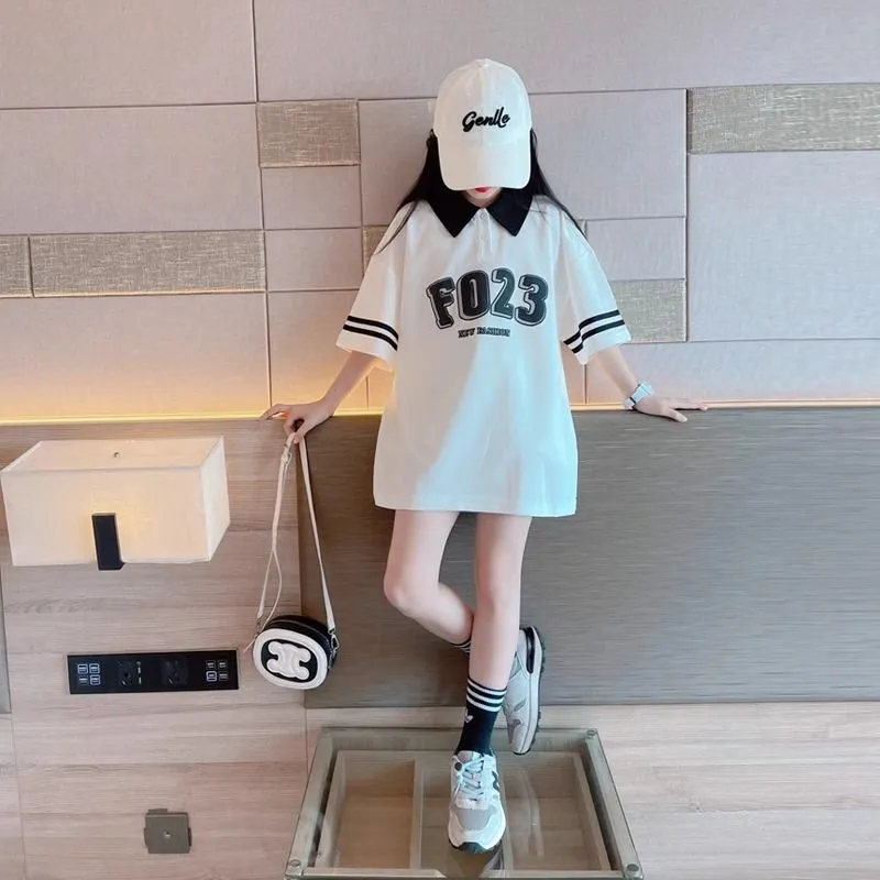 【120-170】韓国 ポロネック プリント 夏 子供服 女の子 キッズ ジュニア トップス 半袖 カットソー Ｔシャツ