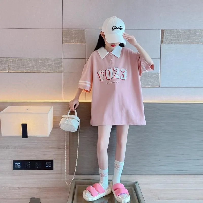 【120-170】韓国 ポロネック プリント 夏 子供服 女の子 キッズ ジュニア トップス 半袖 カットソー Ｔシャツ