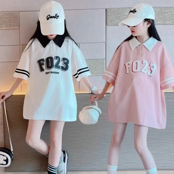 【120-170】韓国 ポロネック プリント 夏 子供服 女の子 キッズ ジュニア トップス 半袖 カットソー Ｔシャツ