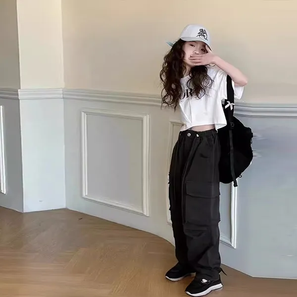 【120-170cm】 ファッション 無地 ゆったり ポケット付き ボウタイ 夏 子供服 キッズ ジュニア 女の子 ボトムス カーゴパンツ