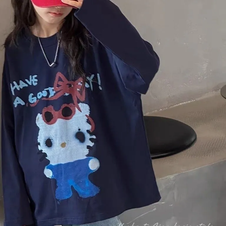 【100-160cm】着回し力抜群 カートゥーン 可愛い ルーズ きれいめ 長袖 Tシャツ