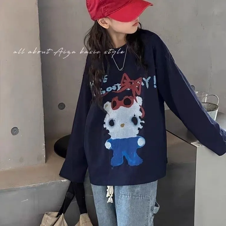 【100-160cm】着回し力抜群 カートゥーン 可愛い ルーズ きれいめ 長袖 Tシャツ
