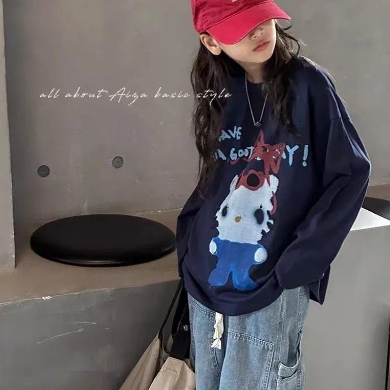 【100-160cm】着回し力抜群 カートゥーン 可愛い ルーズ きれいめ 長袖 Tシャツ