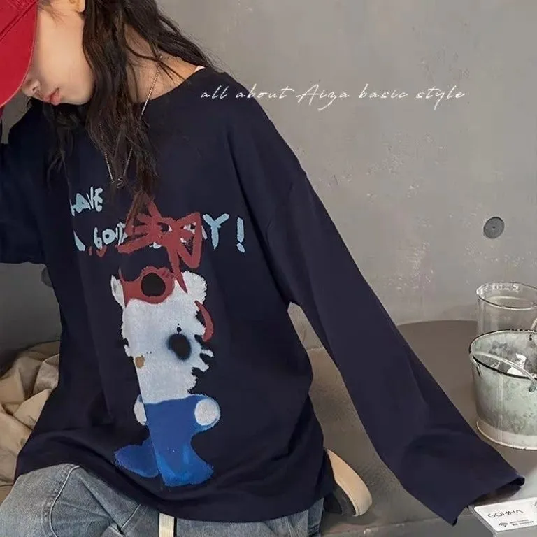 【100-160cm】着回し力抜群 カートゥーン 可愛い ルーズ きれいめ 長袖 Tシャツ