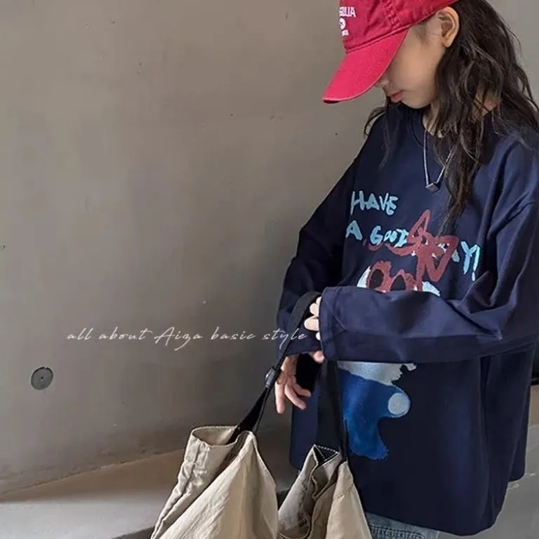 【100-160cm】着回し力抜群 カートゥーン 可愛い ルーズ きれいめ 長袖 Tシャツ