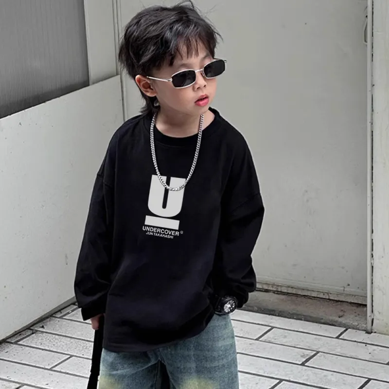 【90-160cm】着回し力抜群 トレンド ラウンドネック 着心地良い アルファベット 長袖 Tシャツ
