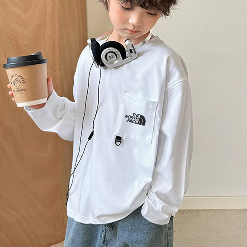【110-160cm】人気上昇中 着心地良い ポケット付き アルファベット ラウンドネック 長袖 Tシャツ