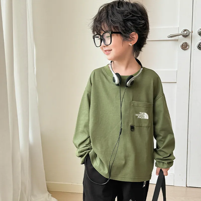 【110-160cm】人気上昇中 着心地良い ポケット付き アルファベット ラウンドネック 長袖 Tシャツ