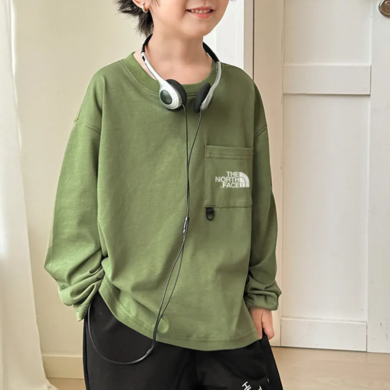 【110-160cm】人気上昇中 着心地良い ポケット付き アルファベット ラウンドネック 長袖 Tシャツ