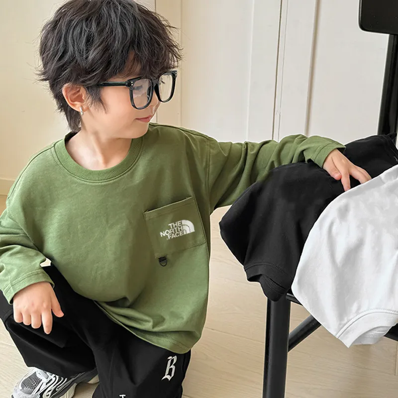 【110-160cm】人気上昇中 着心地良い ポケット付き アルファベット ラウンドネック 長袖 Tシャツ