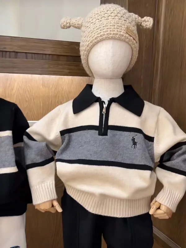 【100-150cm】よく売れる カジュアル 刺繍 学園風 折り襟 配色 男の子 ニット セーター