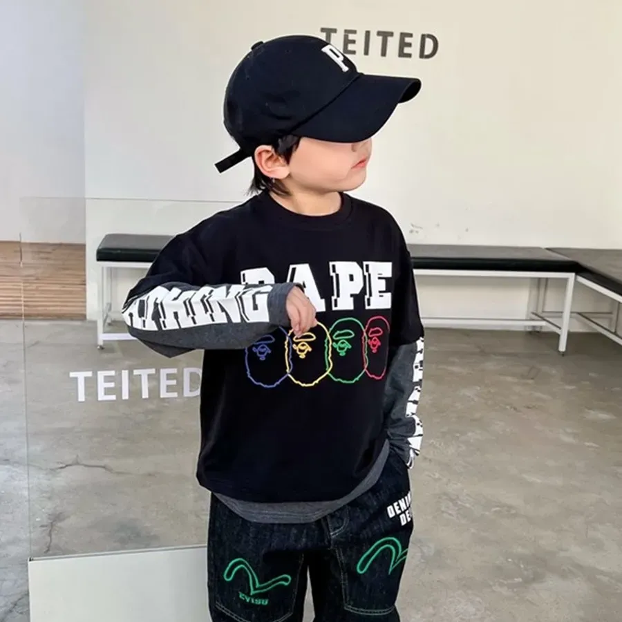 【100-160cm】超人気商品 特別なデザイン カッコイイ 切り替え 男の子 長袖 Ｔシャツ