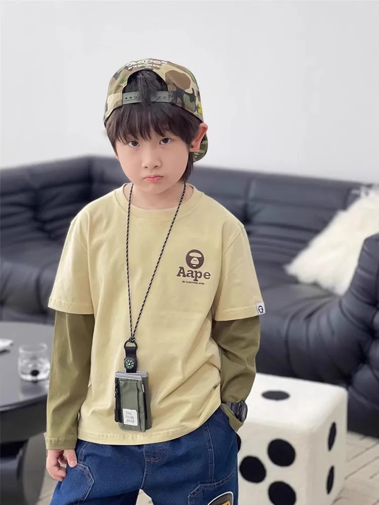 【120-160cm】リラックス感ある デザイン満点 切り替え クール 男の子 長袖 Ｔシャツ