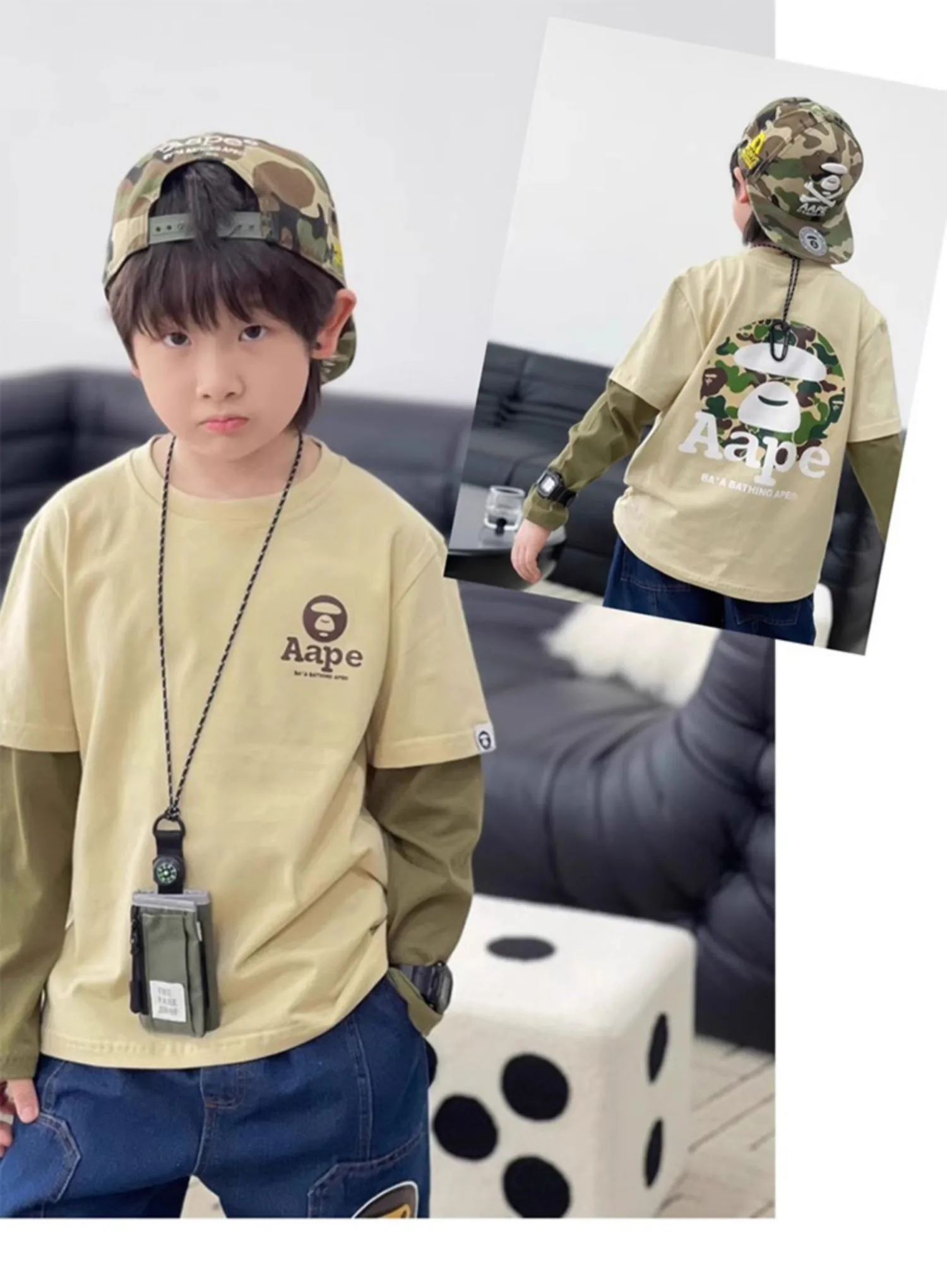 【120-160cm】リラックス感ある デザイン満点 切り替え クール 男の子 長袖 Ｔシャツ
