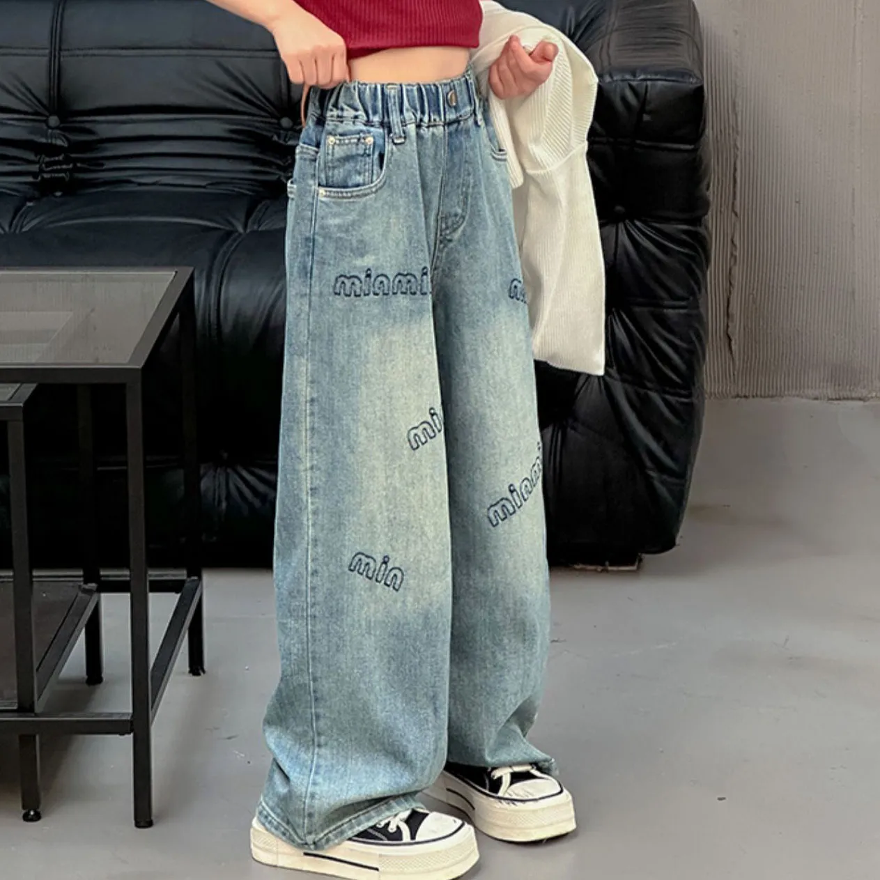 【120-170cm】大好評 履きやすい おしゃれ シンプル ゆったり 高品質  デニム ワイドパンツ