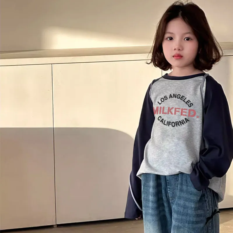 【110-170cm】毎日着たくなる 爆売れ中 配色 カジュアル 女の子 長袖 Ｔシャツ