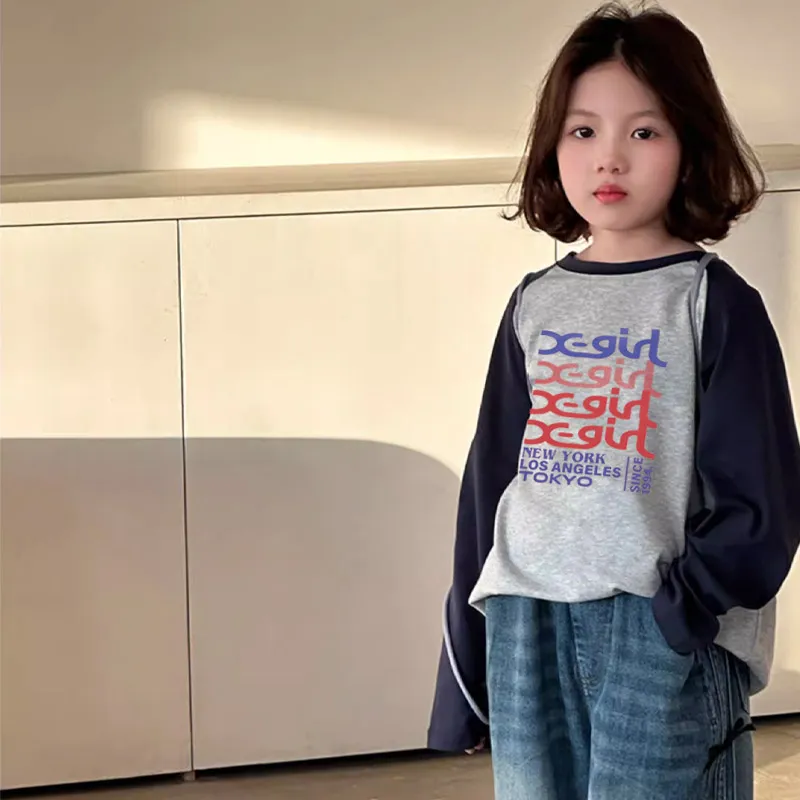 【110-170cm】好感度100％  大人気 配色 合わせやすい 女の子 長袖 Ｔシャツ