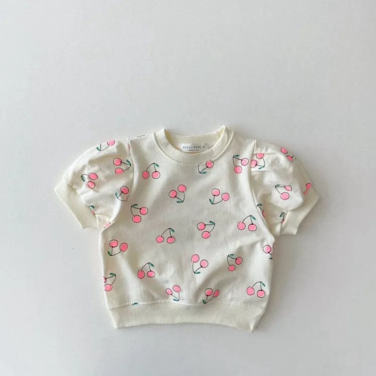 【80-120cm】二点セット 絶対欲しい キュート 清新  チェリー柄 半袖Ｔシャツ＋スカート セットアップ