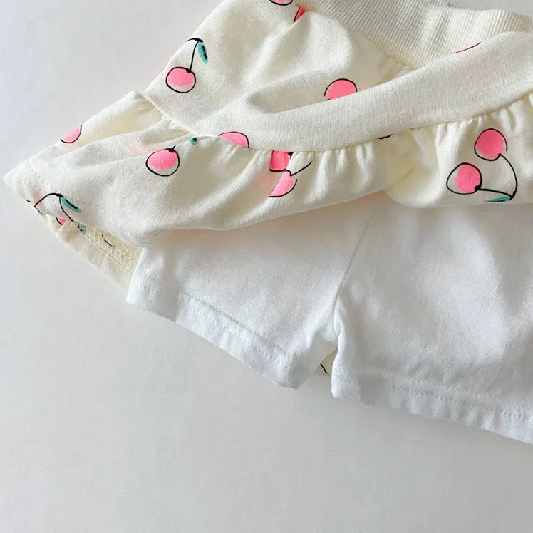 【80-120cm】二点セット 絶対欲しい キュート 清新  チェリー柄 半袖Ｔシャツ＋スカート セットアップ