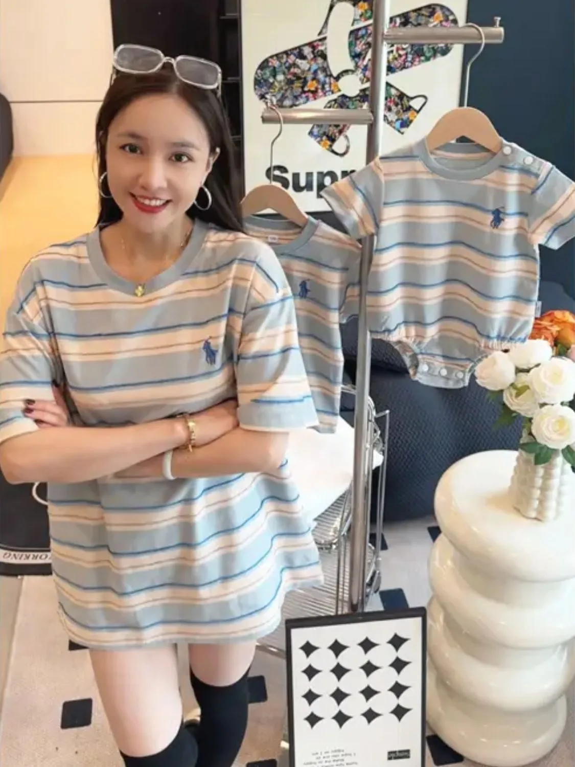 【66-150cm+親サイズ】好感度UP 大人気 ボーダー柄 快適 親子ペア ロンパース/Ｔシャツ