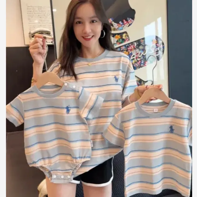 【66-150cm+親サイズ】好感度UP 大人気 ボーダー柄 快適 親子ペア ロンパース/Ｔシャツ