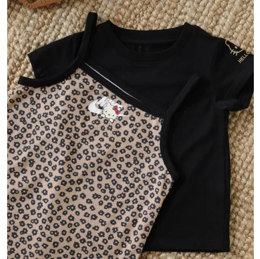 【90-140cm】二点セット おしゃれ 可愛い スタイリッシュ ヒョウ柄 女の子 半袖Ｔシャツ＋ドレス セット