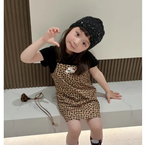 【90-140cm】二点セット おしゃれ 可愛い スタイリッシュ ヒョウ柄 女の子 半袖Ｔシャツ＋ドレス セット