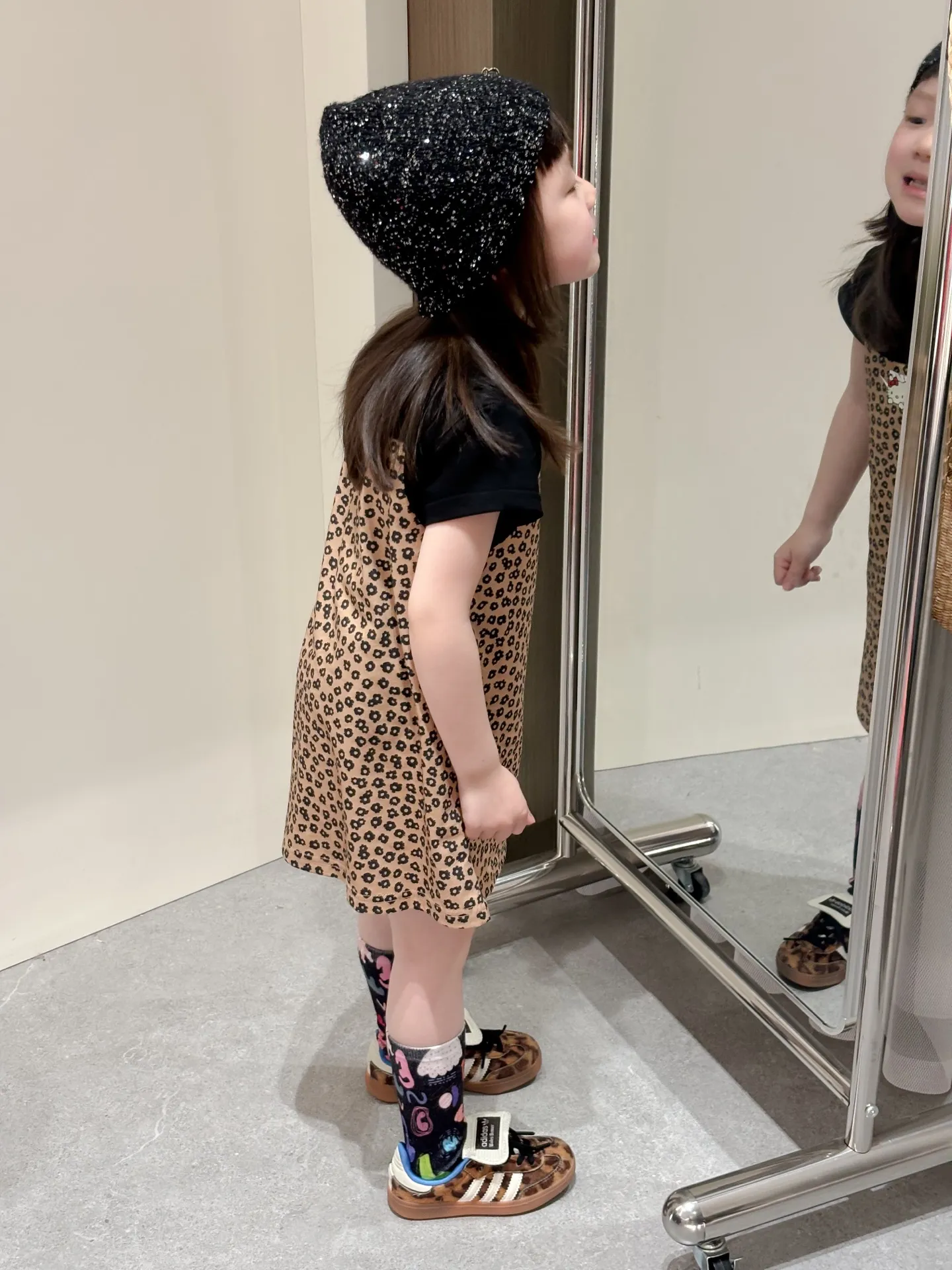 【90-140cm】二点セット おしゃれ 可愛い スタイリッシュ ヒョウ柄 女の子 半袖Ｔシャツ＋ドレス セット