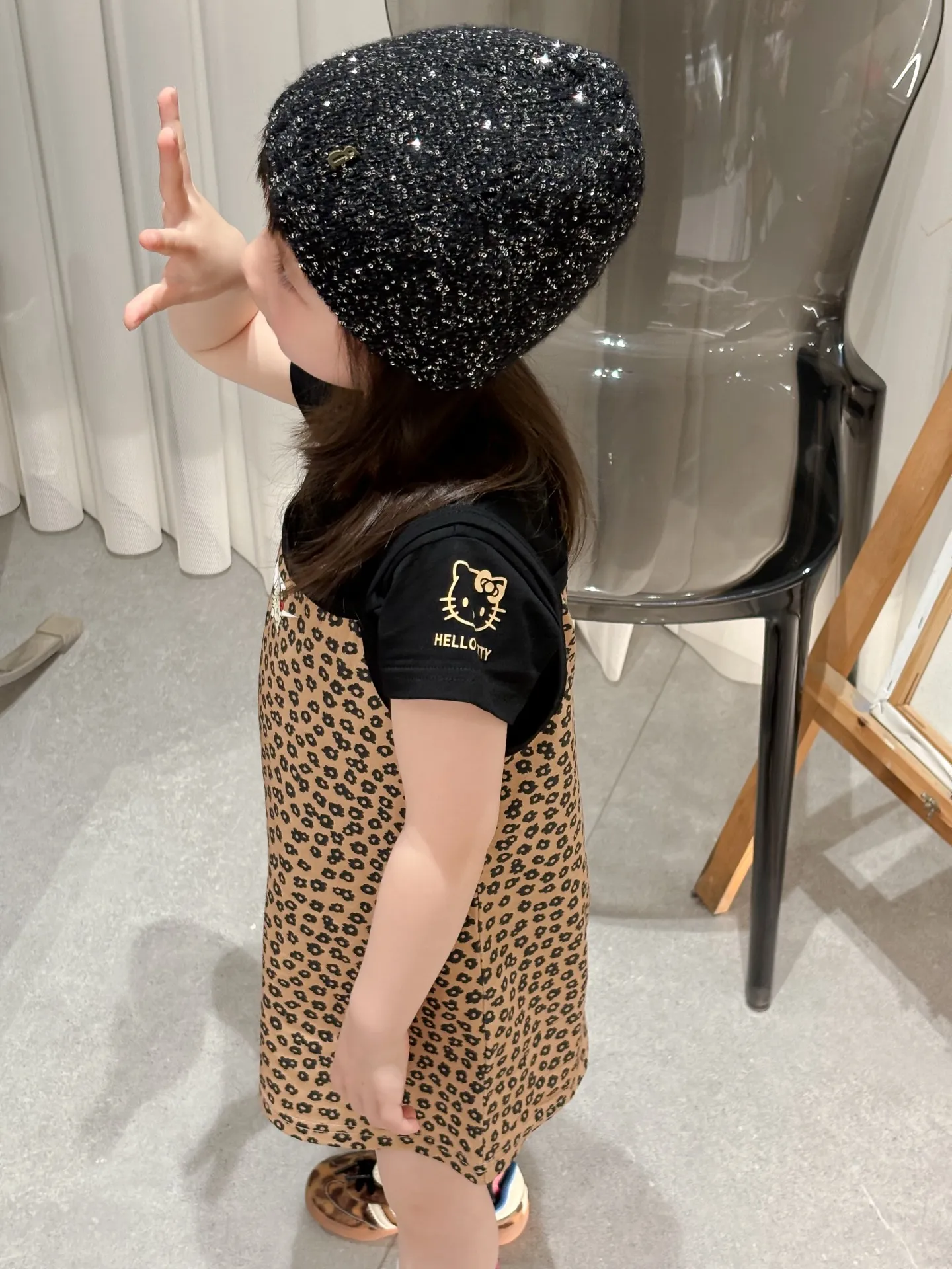 【90-140cm】二点セット おしゃれ 可愛い スタイリッシュ ヒョウ柄 女の子 半袖Ｔシャツ＋ドレス セット