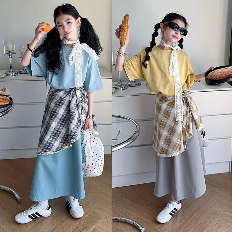 【120-170cm】三点セット 絶対欲しい おしゃれ カジュアル 快適 半袖 Ｔシャツ＋スカート＋スカーフ セットアップ