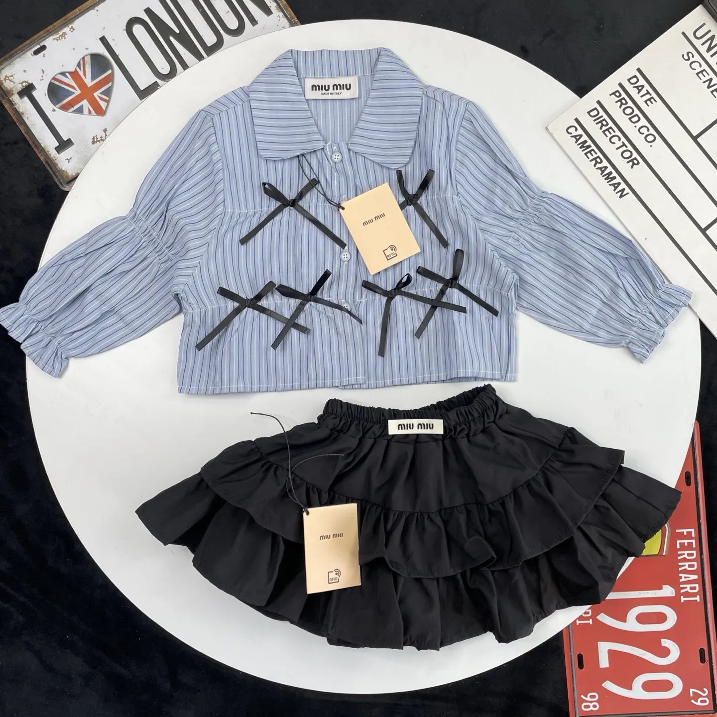 【90-140cm】二点セット SNSで話題 おしゃれ リボン付き 女の子 長袖シャツ+スカート セットアップ